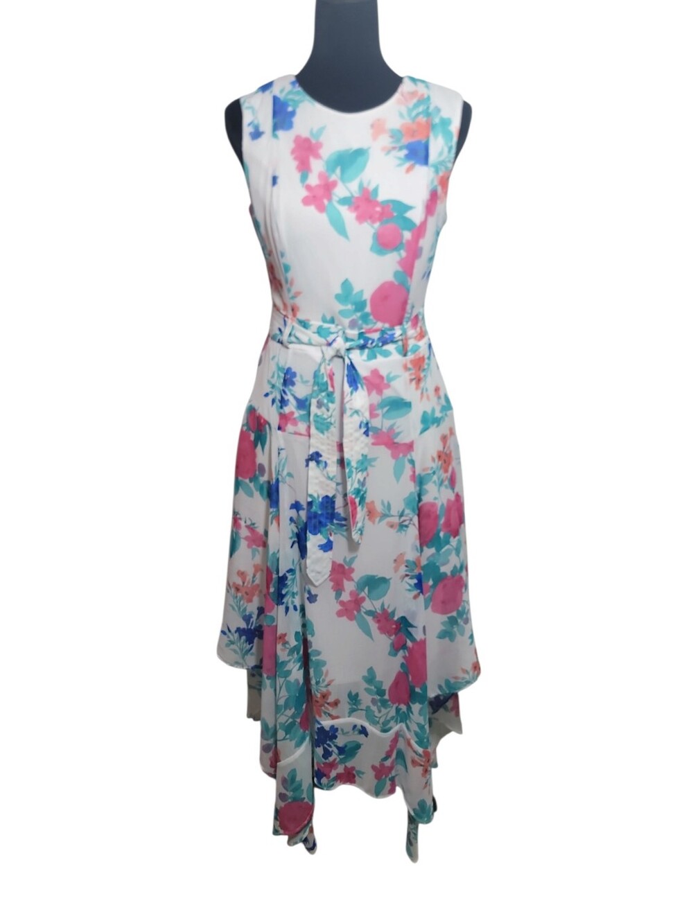 Calvin Klein floral sleeveless fit flare asymmetrical hem midi dress size 4